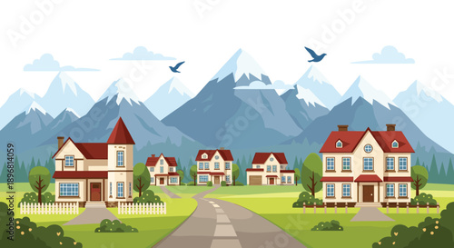 Picturesque village landscape illustration featuring cozy houses with red roofs set against a backdrop of majestic snow-capped mountains.