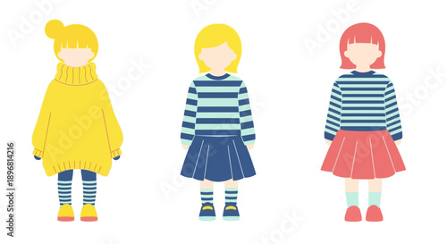 Three cartoon girls in colorful outfits on white background