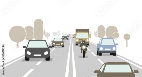 Diverse vehicles on highway: cars, motorcycle, truck, traffic illustration