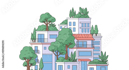 Eco-friendly Cityscape with Green Rooftops and Trees