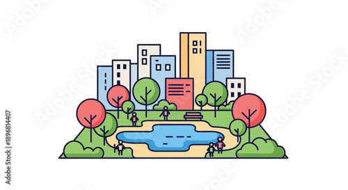 City Park with Pond and Buildings Flat Design