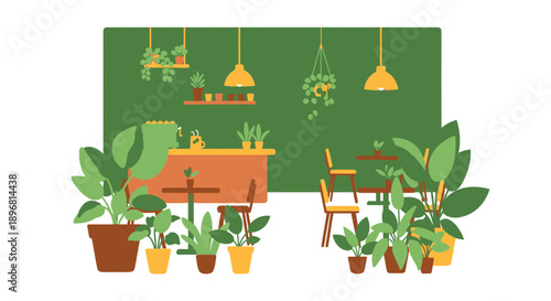 Cozy cafe interior with plants and seating area