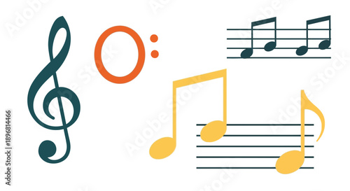 Musical Notes and Symbols - Treble Clef, Quarter Notes, Staff
