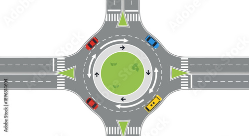 Roundabout intersection with cars and traffic signs
