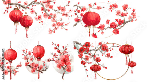 Watercolor red Chinese lanterns with cherry blossom branches arranged in decorative compositions isolated on light background, festive Asian design elements.