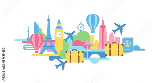 Travel and Vacation Icons: Landmarks, Airplanes, Hot Air Balloons, Suitcases