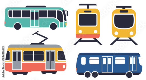 Colorful Public Transportation Vehicles: Bus, Train, Tram, Subway