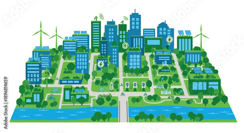 Eco-friendly Smart City Illustration with Green Energy