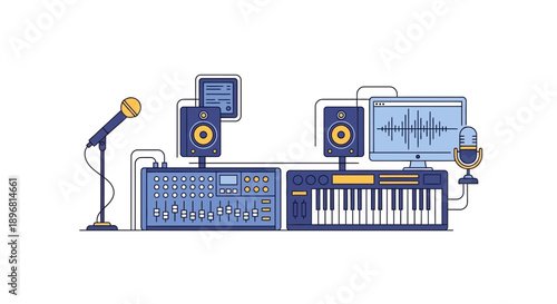 Music Production Setup: DJ Mixer, Keyboard, Speakers, Microphone