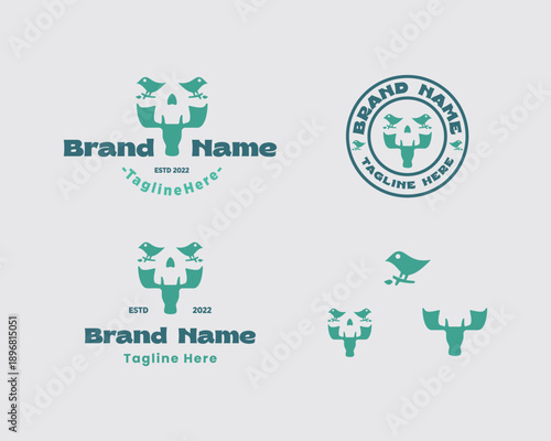 Triple Meaning Nature Logo - Moose, Birds, and Skull Silhouette in Minimalist Style