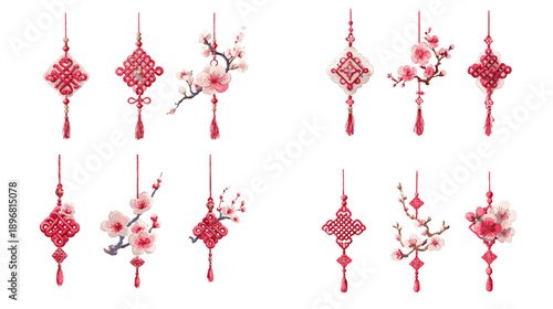 Set of red Chinese knot ornaments with cherry blossom branches isolated on light background, traditional hanging decorations for Lunar New Year celebration.