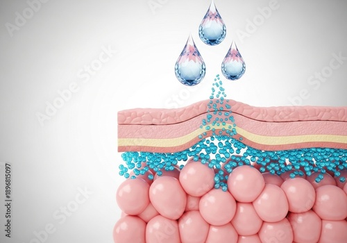 Illustrative depiction of skin hydration process showing water droplets penetrating epidermal layers
