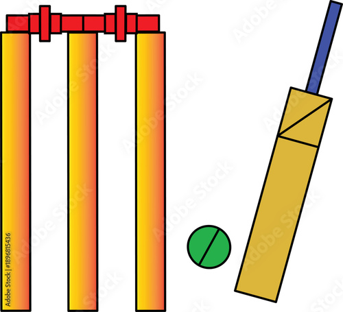 Cricket game equipment vector illustration: yellow stumps, red bails, green ball, and wooden bat graphic isolated on White Background