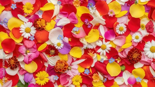 Colorful floral arrangement of petals and blossoms creating a vibrant background texture