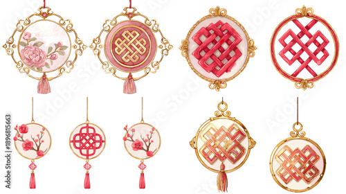 Round Chinese knot ornaments in gold and red frames with tassels isolated on light background, traditional festive symbols for Lunar New Year decoration.