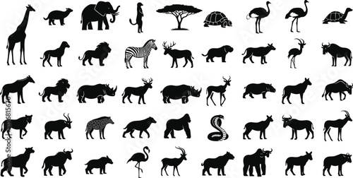 African safari animal silhouette mega set with trees birds and mammals isolated on white background black vector illustration wildlife collection