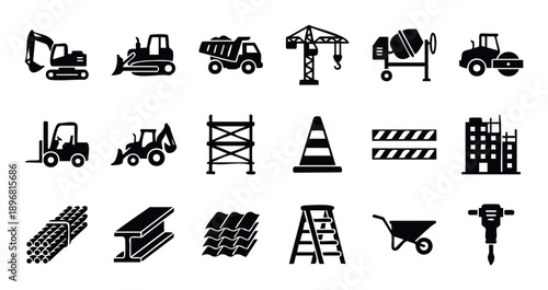 Essential construction equipment and building materials icons for industrial projects, engineering blueprints, architectural presentations, and educational resources