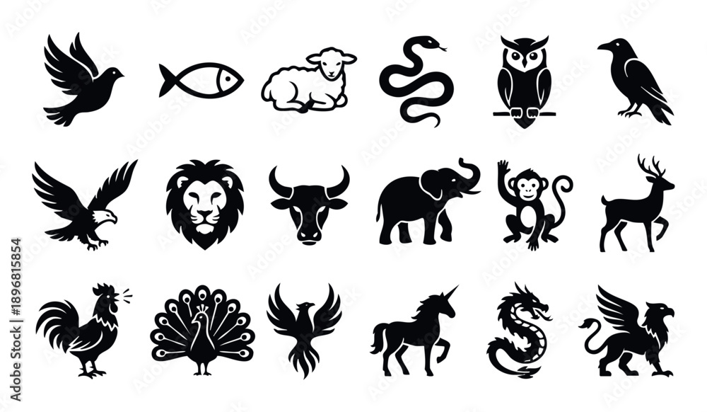 Fototapeta premium Assortment of classic animal icons featuring flying birds, majestic mammals, serpents, and legendary beasts perfect for branding, symbolic representation, and graphic projects.