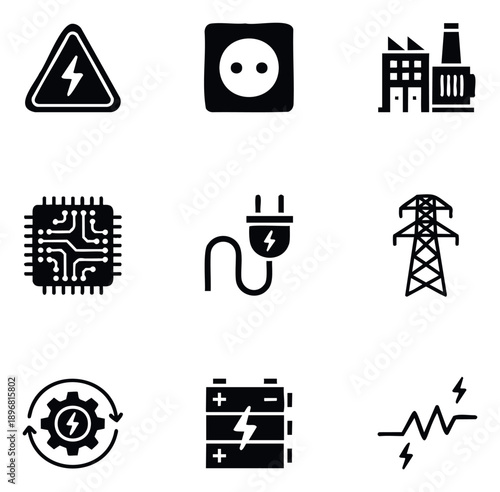 Comprehensive energy and electricity related iconography set illustrating power generation, distribution, storage, safety, and electronic technology for industrial presentations and