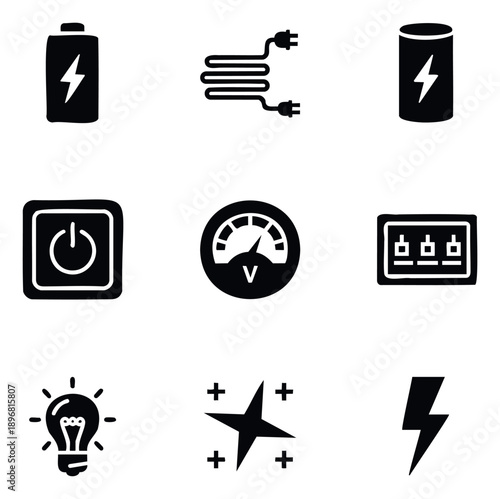 A comprehensive set of modern power and energy icons for electrical systems, voltage measurement, battery status, and control panel applications in technology projects