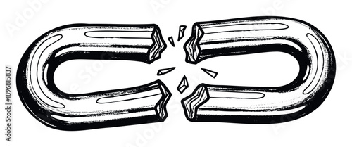 Grungy broken chain link drawing representing weakness, failure, or a severed connection, useful for expressing concepts of disruption, freedom, and ending relationships