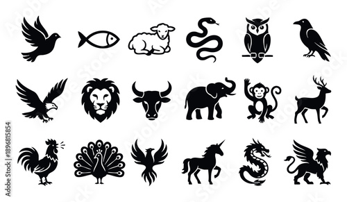 Assortment of classic animal icons featuring flying birds, majestic mammals, serpents, and legendary beasts perfect for branding, symbolic representation, and graphic projects.