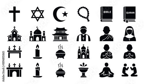 Collection of diverse religious and spiritual symbols representing various faiths, beliefs, and practices for use in educational materials, cultural presentations, and interface design.