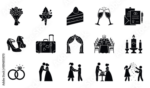A comprehensive collection of wedding and marriage themed icons for event planning, romantic celebrations, and bridal announcements.
