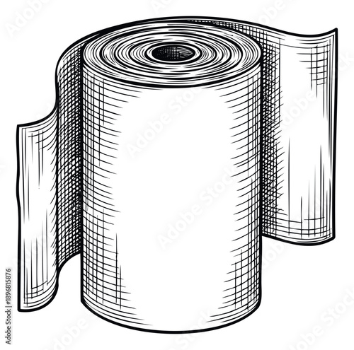 A vintage style graphic drawing of a large roll of paper or fabric unrolling, perfect for packaging, textile industry, printing, or craft supply related commercial projects.
