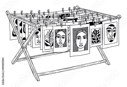 Black and white line drawing of various abstract portraits and botanical prints drying on a wooden clothes rack for home decor inspiration or creative project materials