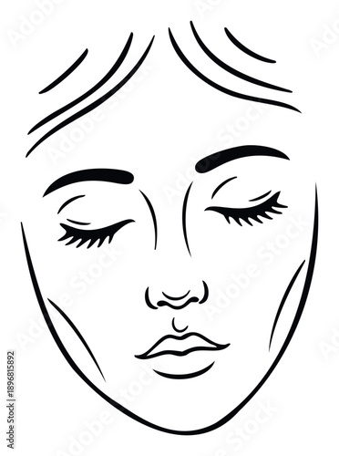 Stylized line portrait of a peaceful woman with closed eyes, conveying tranquility and selfcare, ideal for health, skincare, spa, or mindfulness publications.