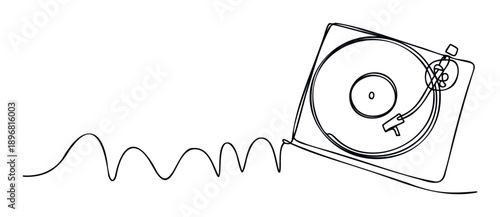 Continuous line drawing of a classic record player with an abstract wavy sound wave connecting to it, perfect for music lovers, audio technology branding, or event promotions.