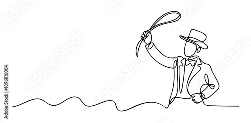 Elegant continuous line drawing of a person in a suit and hat holding a whip, perfect for abstract branding, minimalistic graphic design, or a sophisticated visual concept.