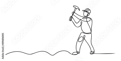 A continuous single line drawing depicts a hardworking person in a cap holding a hammer, ready for construction or labor work, ideal for project development and industrial themes.