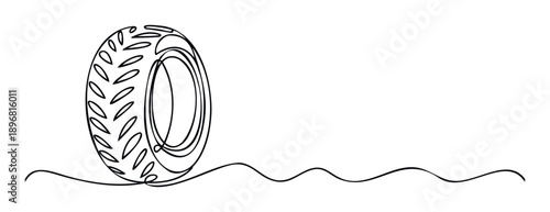Continuous line drawing of a durable vehicle tire with a robust tread pattern rolling on a wavy surface, suitable for transportation industry advertisements, automotive service promotions,