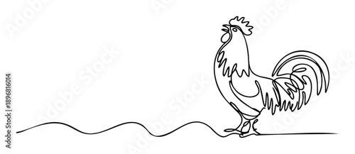 Minimalist continuous line drawing depicting a majestic rooster in a crowing pose, suitable for farm animal logos, morning concepts, or modern graphic elements.