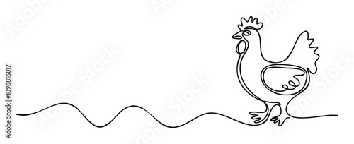 A simple continuous line drawing of a domestic chicken walking on a wavy line, suitable for minimalist farm animal designs, agricultural themes, or educational materials about poultry.