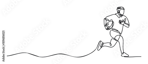 Dynamic continuous line drawing of a rugby player running with a ball, perfect for sports event promotions, athletic apparel branding, and team activity publications.