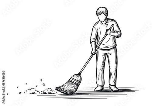 Detailed sketch of a man diligently sweeping a floor with a traditional broom, effectively gathering dust and debris, perfect for educational content or service provider presentations.