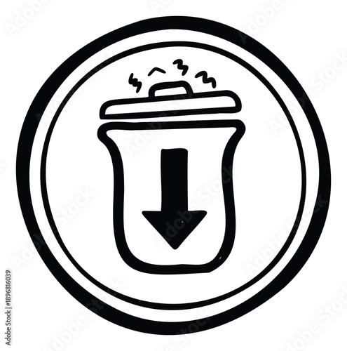 Black ink drawn refuse receptacle icon with a clear down arrow inside signifying disposal or permanent removal ideal for modern application development and digital content management