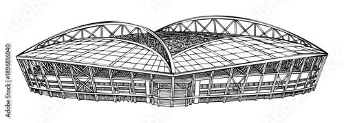 Architectural line drawing of a modern stadium with an arched roof and complex structural elements suitable for sports, event, or building construction industry presentations.