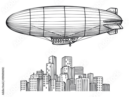 Vintage airship soaring over a bustling urban cityscape, perfect for travel industry promotions, historical documentaries, or transport themed publications.