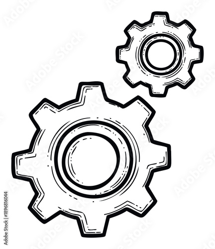 Two black and white industrial gears engaging a mechanism, representing teamwork and mechanical processes for business or technical presentations or problem solving initiatives