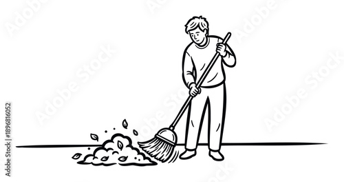 Enthusiastic person using a broom to sweep a large pile of fallen autumn leaves, depicting diligent yard work and home maintenance for various seasonal services and household advertisements.
