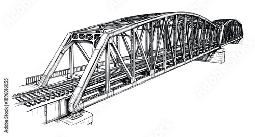 Detailed sketch of an old railway bridge featuring an arched steel truss construction perfect for historical transportation engineering or architectural design projects