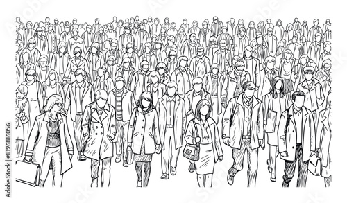 A large collection of individuals walking together in a bustling environment, ideal for projects depicting movement, urban crowds, or societal gatherings.