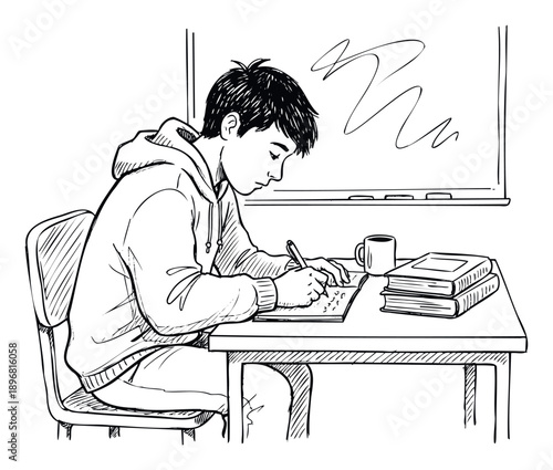 Asian student deeply focused on studies, writing in a notebook at a desk with books and a mug, perfect for educational materials, learning resources, and schoolrelated projects.