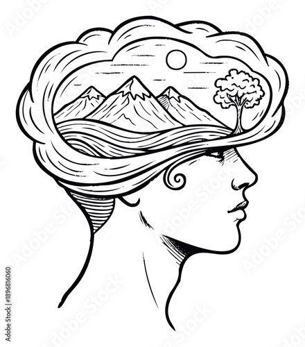 Serene depiction of a womans profile encompassing a tranquil landscape of mountains, flowing water, a sun, and a lone tree, suitable for mindfulness and naturerelated content.