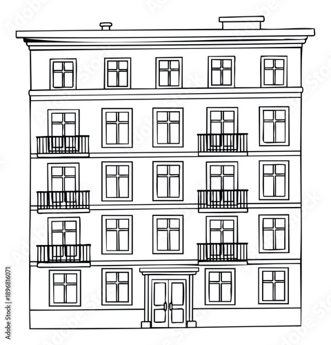 Black and white hand drawn outline of a multistory city building with windows and balconies, suitable for architectural studies, urban planning presentations, or educational materials.