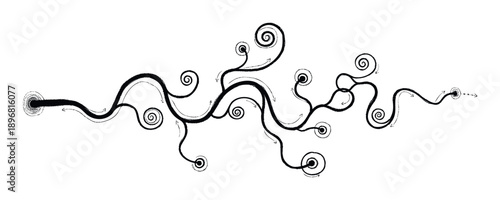 Textured winding line path with interconnected branches and swirling spirals containing directional arrows, ideal for illustrating complex systems, continuous flow, or logical processes in